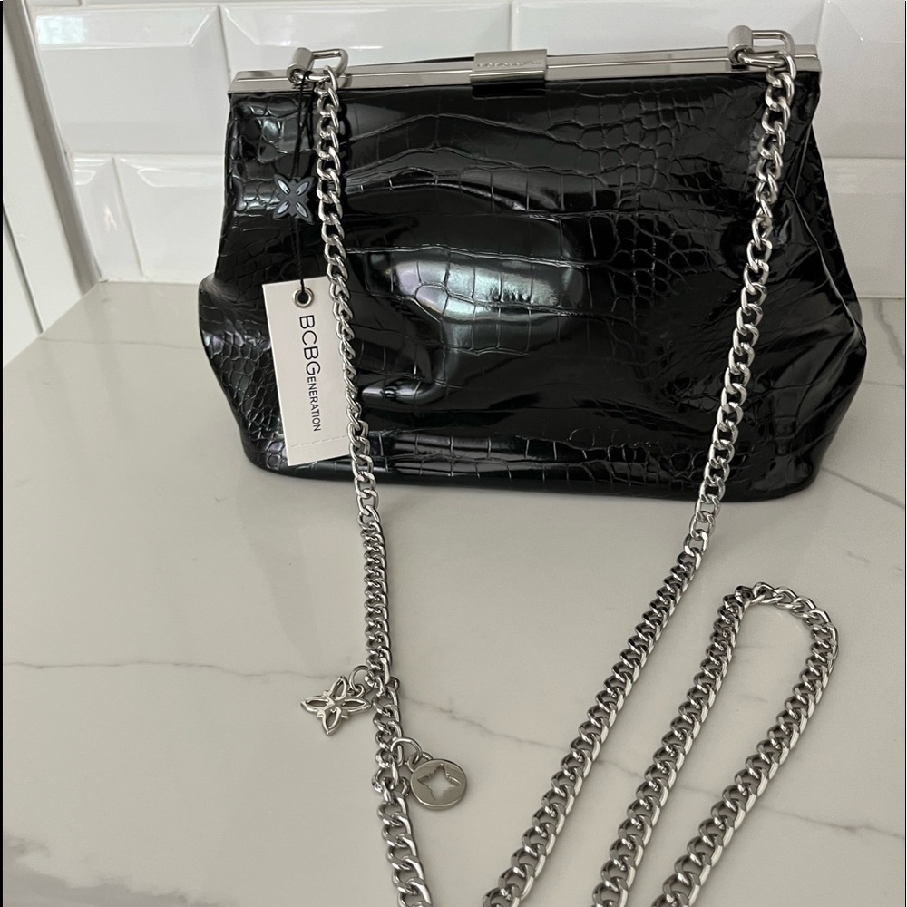 BCBGENERATION Vienna Black Shoulder Bag Metal Silver Strap Faux Crocodile